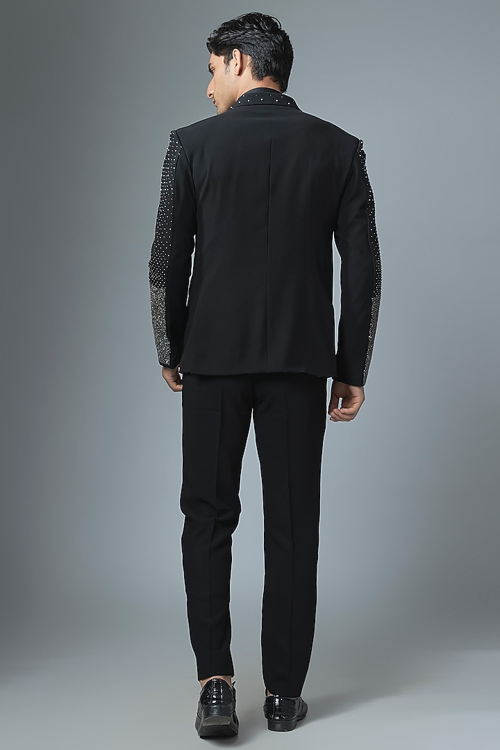 Black Japanese Rayon Cutdana Handwork Tuxedo Set by Abees at Pernia's Pop Up Shop