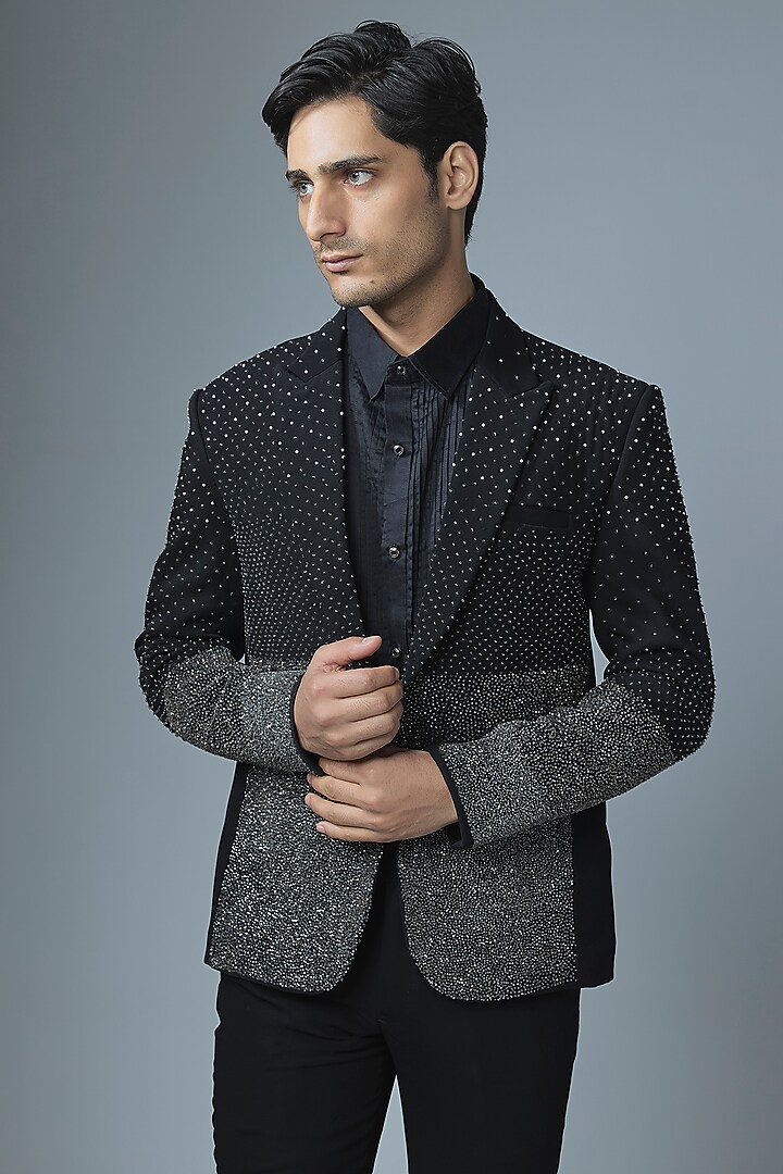 Black Japanese Rayon Cutdana Handwork Tuxedo Set by Abees at Pernia's Pop Up Shop