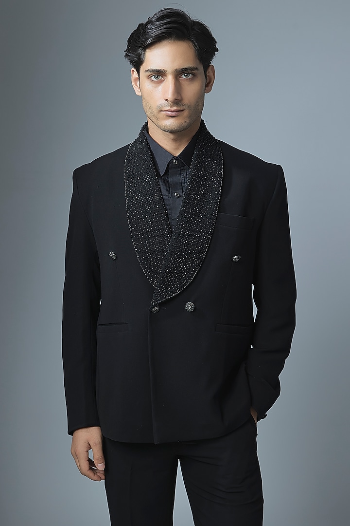 Black Japanese Rayon Beads Handwork Tuxedo Set by Abees at Pernia's Pop Up Shop
