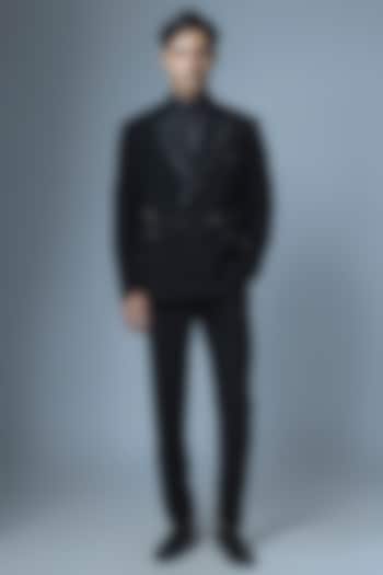 Black Japanese Rayon Cutdana Handwork Tuxedo Set by Abees at Pernia's Pop Up Shop