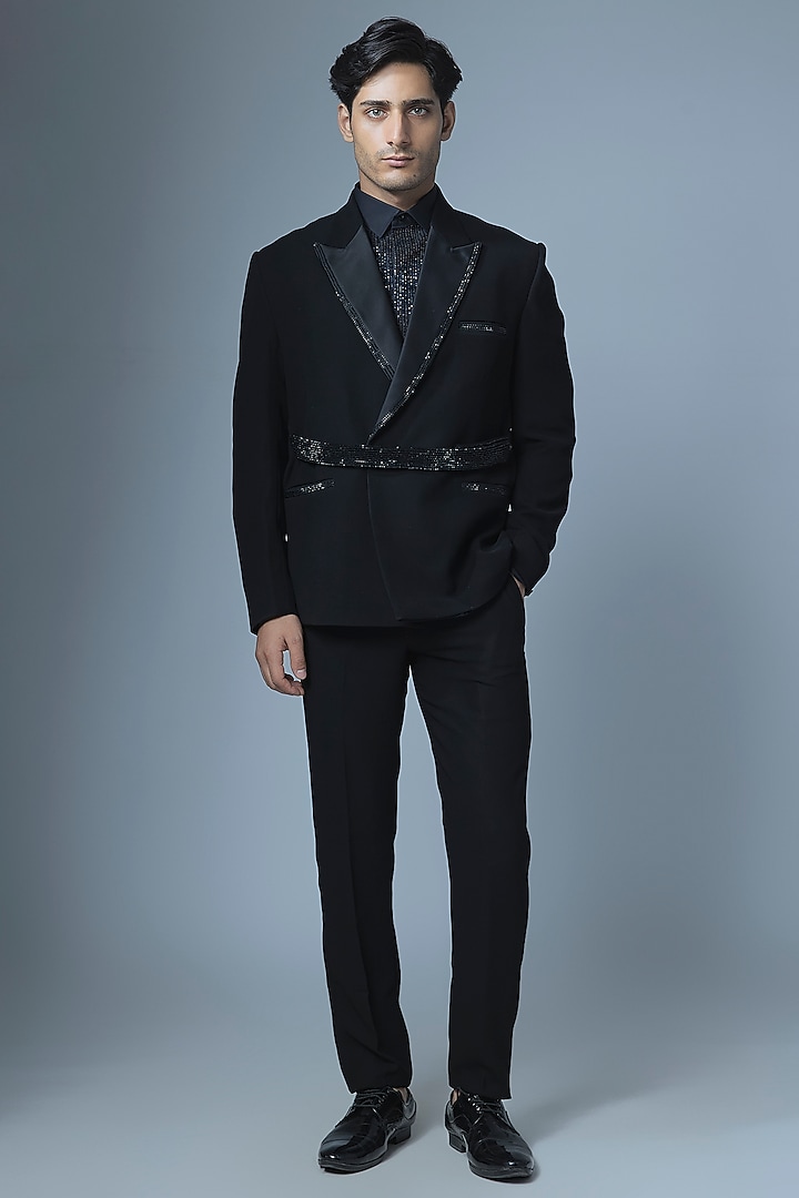 Black Japanese Rayon Cutdana Handwork Tuxedo Set by Abees at Pernia's Pop Up Shop