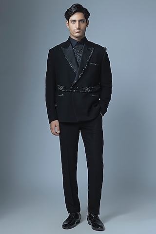 Black Japanese Rayon Cutdana Handwork Tuxedo Set by Abees