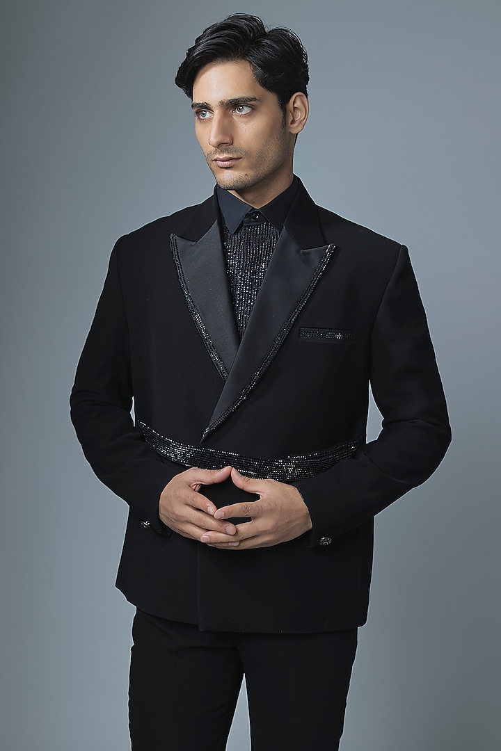 Black Japanese Rayon Cutdana Handwork Tuxedo Set by Abees at Pernia's Pop Up Shop