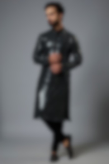 Black Japanese Rayon & Terry Rayon Embroidered Kurta Set by Abees at Pernia's Pop Up Shop