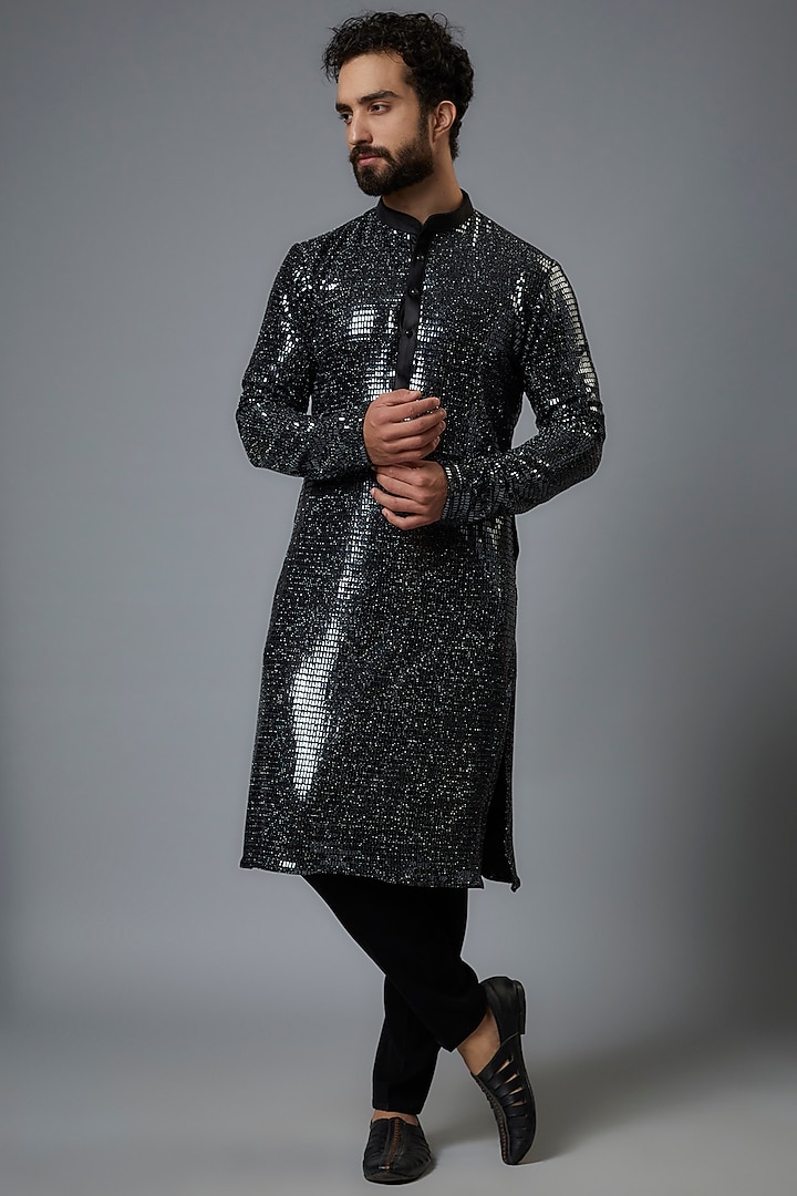 Black Japanese Rayon & Terry Rayon Embroidered Kurta Set Design by