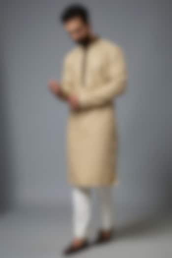 Beige Suede & Cotton Embroidered Kurta Set by Abees at Pernia's Pop Up Shop