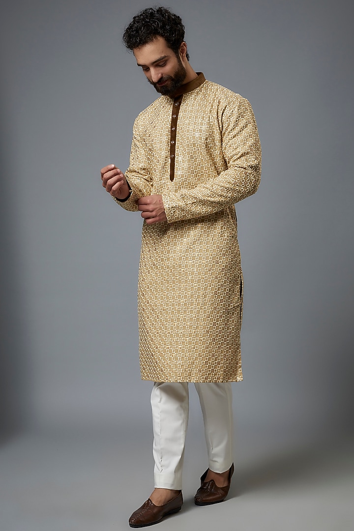 Beige Suede & Cotton Embroidered Kurta Set by Abees at Pernia's Pop Up Shop