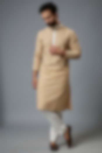 Beige Cotton & Terry Rayon Embroidered Kurta Set by Abees at Pernia's Pop Up Shop