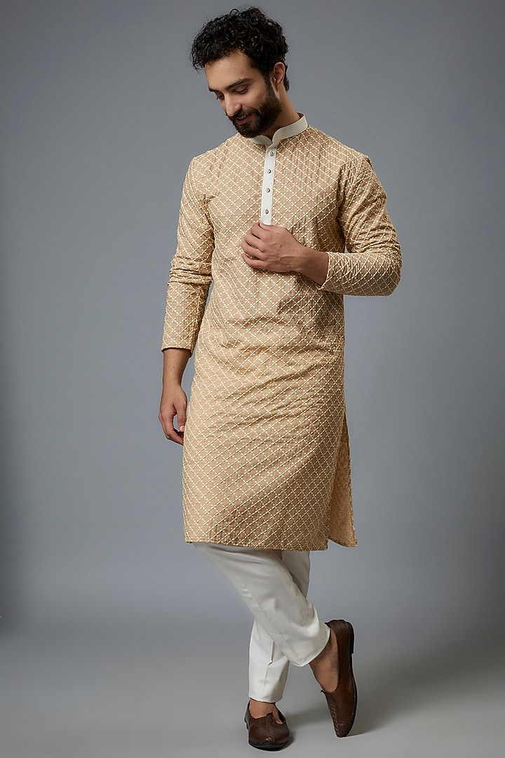 Beige Cotton & Terry Rayon Embroidered Kurta Set by Abees at Pernia's Pop Up Shop