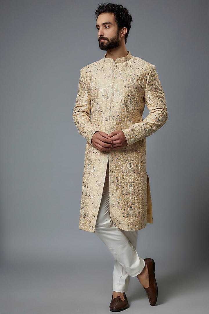 Cream Silk & Terry Rayon Embroidered Sherwani Set by Abees
