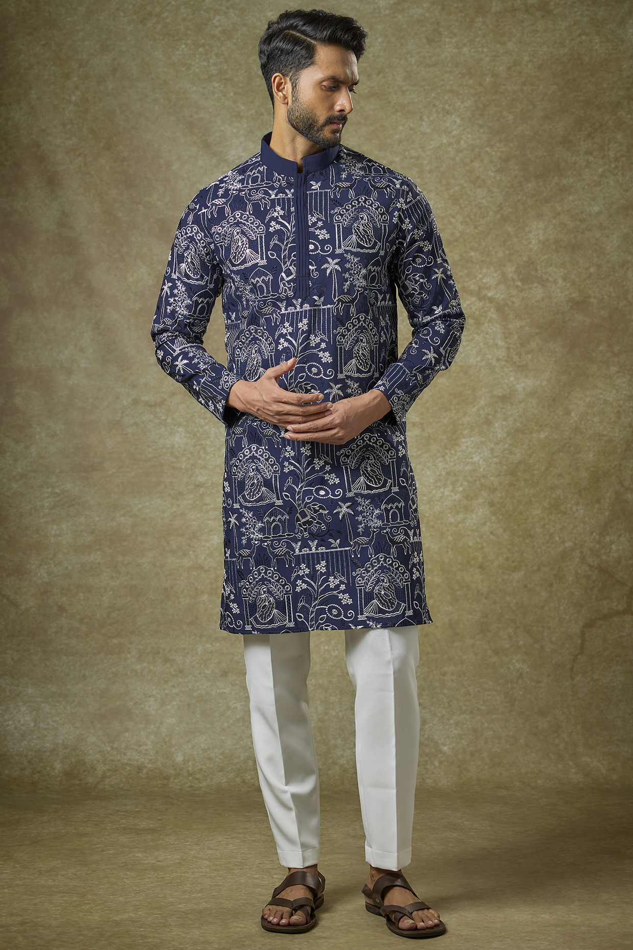Blue Malai Cotton Silk Thread Embroidered Kurta Set by Abees