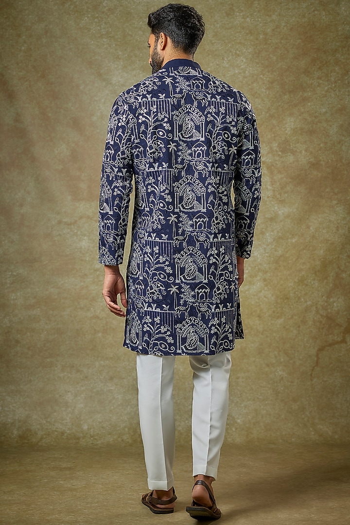 Blue Malai Cotton Silk Thread Embroidered Kurta Set by Abees at Pernia's Pop Up Shop
