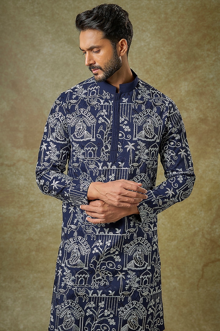 Blue Malai Cotton Silk Thread Embroidered Kurta Set by Abees at Pernia's Pop Up Shop