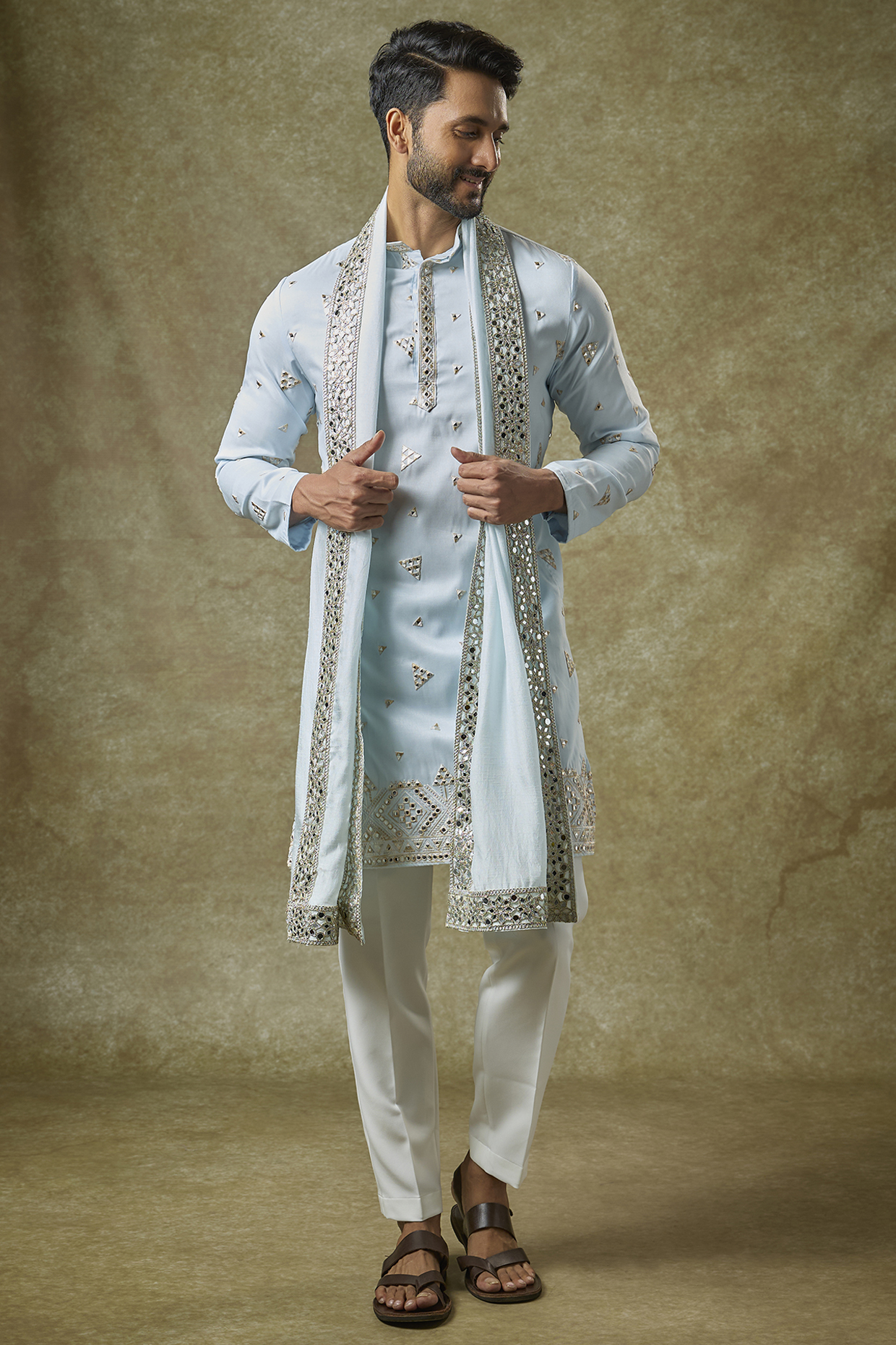 Sky Blue Silk Mirror Work Kurta Set by Abees