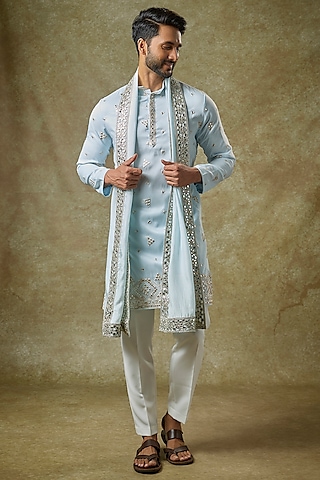 Sky Blue Silk Mirror Work Kurta Set by Abees