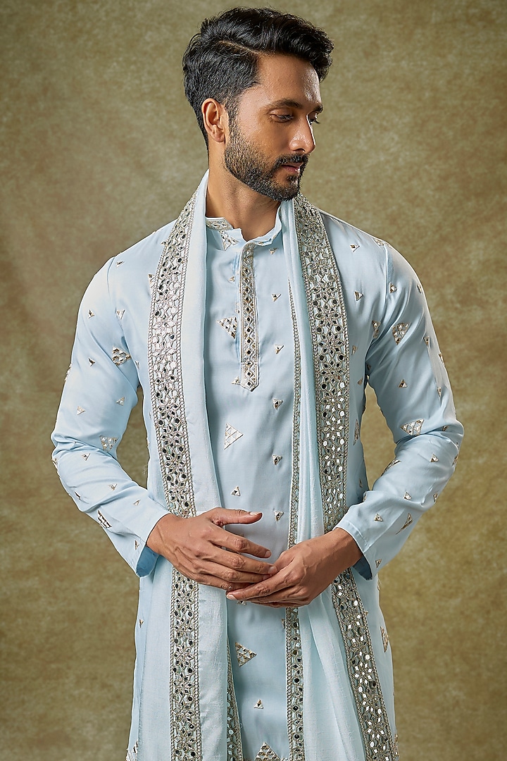 Navy Blue Kurta Art Silk With Mirror Work Aligadhi Pant