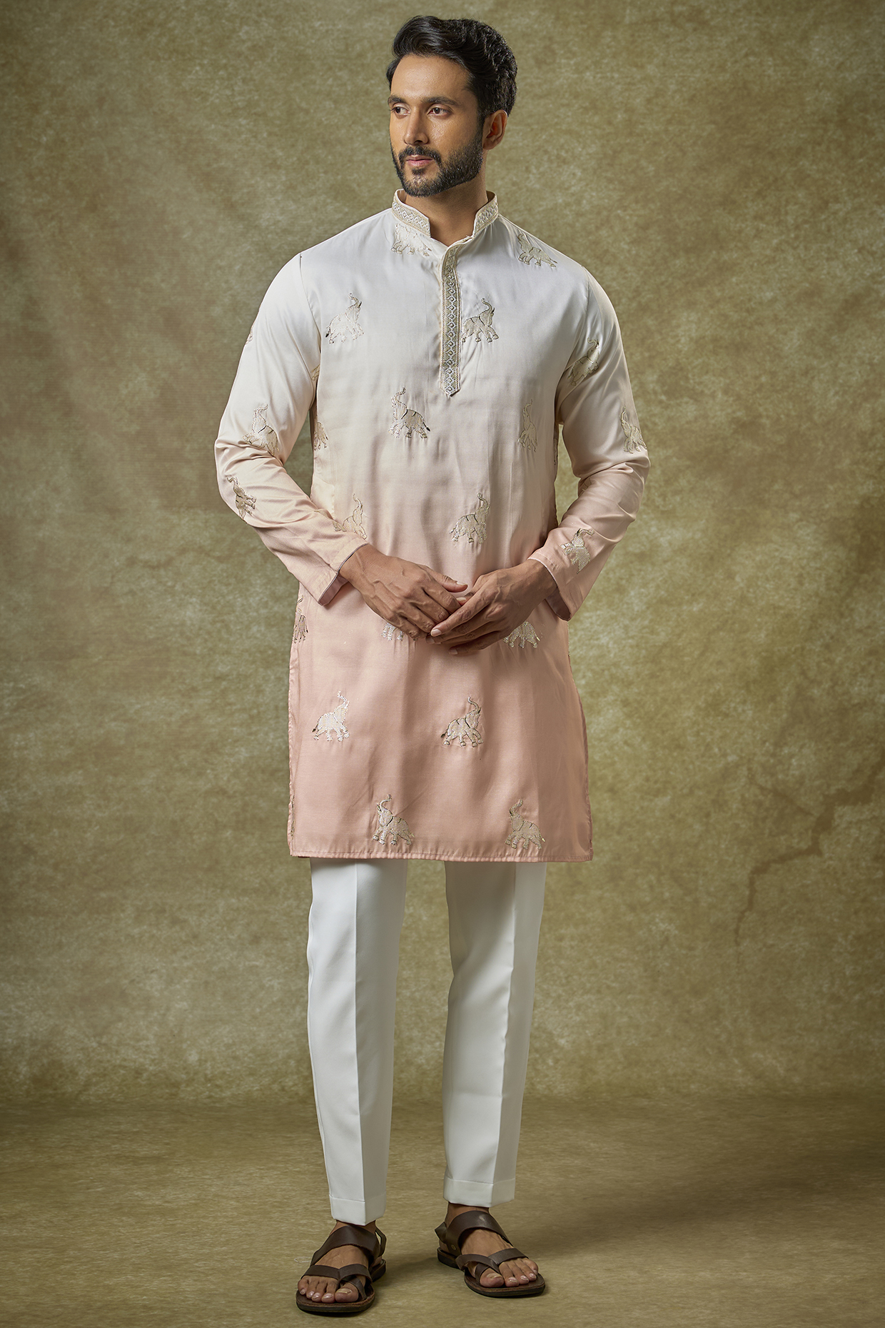 Multi-Colored Ombre Silk Patchwork Kurta Set by Abees