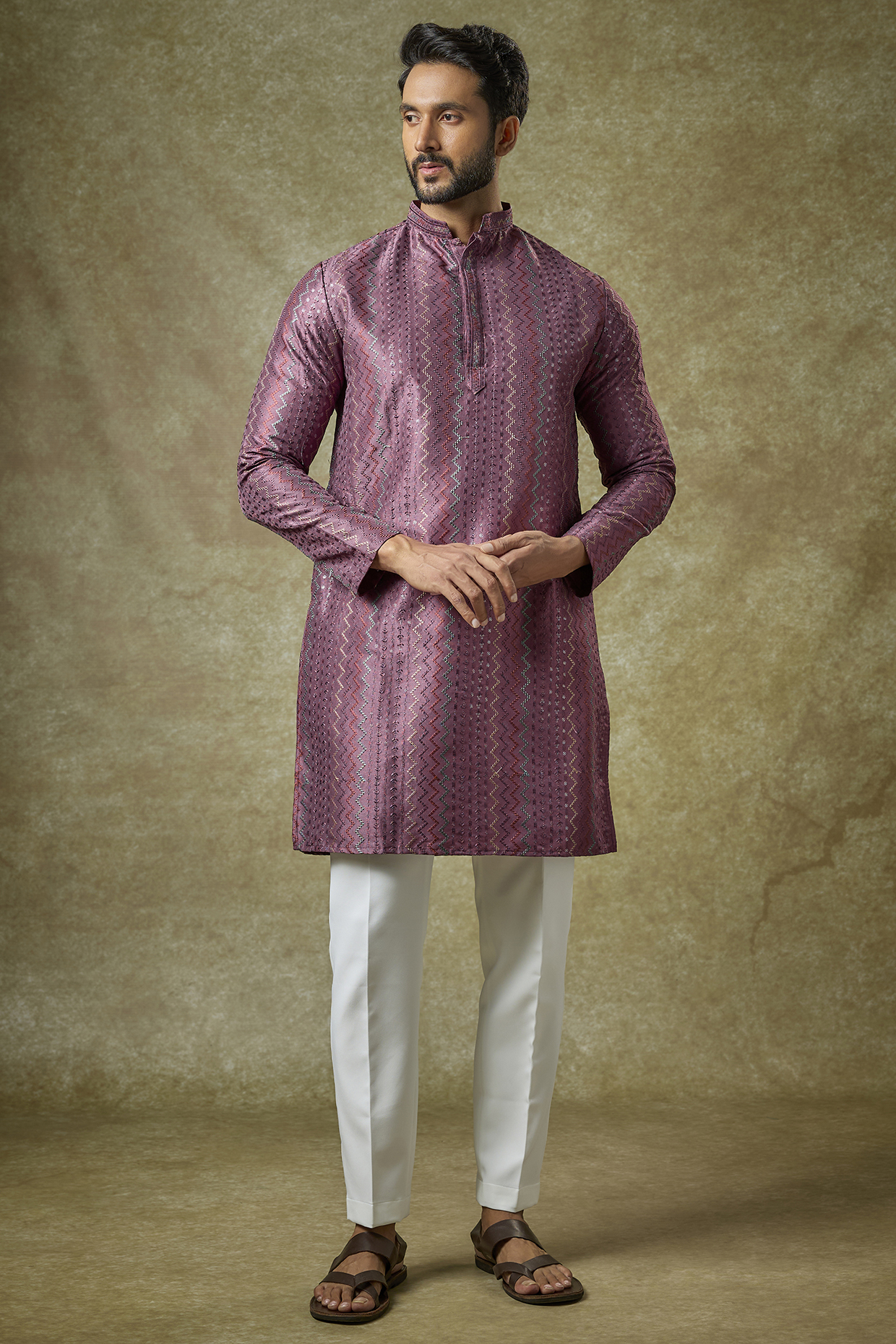 Deep Purple Silk Thread Embroidered Kurta Set by Abees