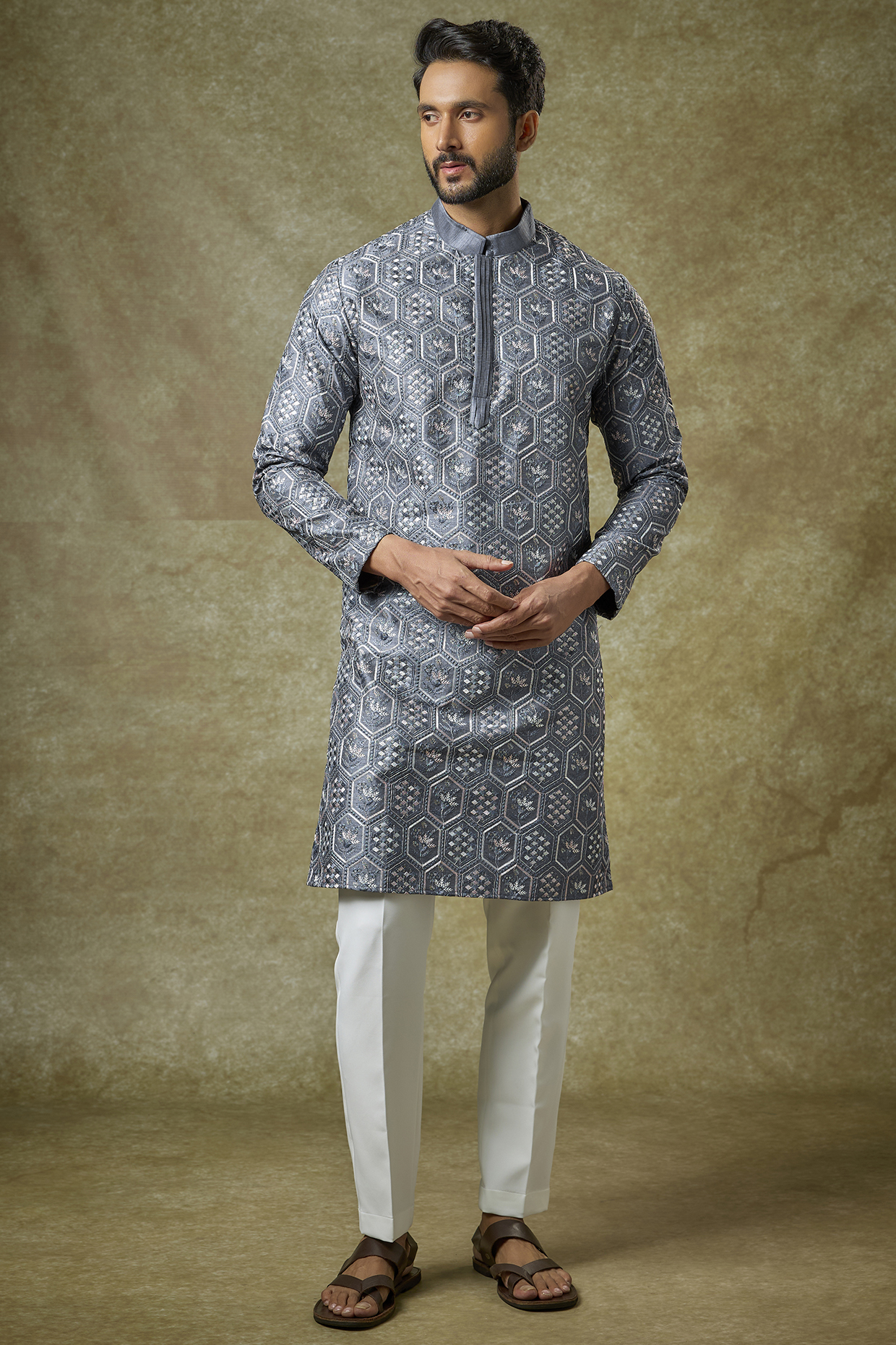 Ash Grey Malai Cotton Silk Thread Embroidered Kurta Set by Abees