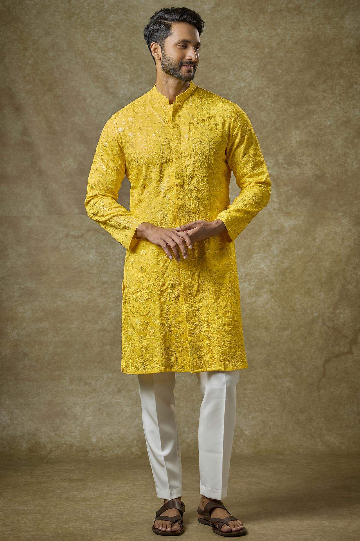 Yellow Silk Zari Embroidered Kurta Set by Abees