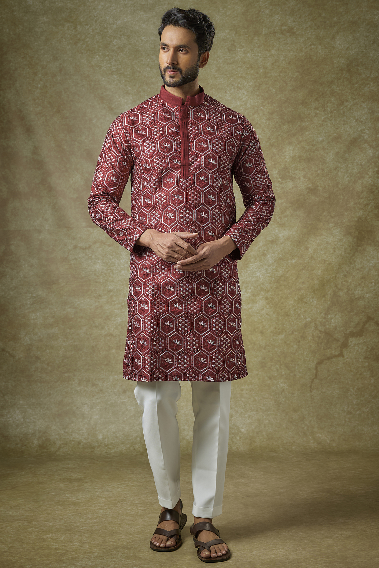 Red Malai Cotton Silk Thread Embroidered Kurta Set by Abees