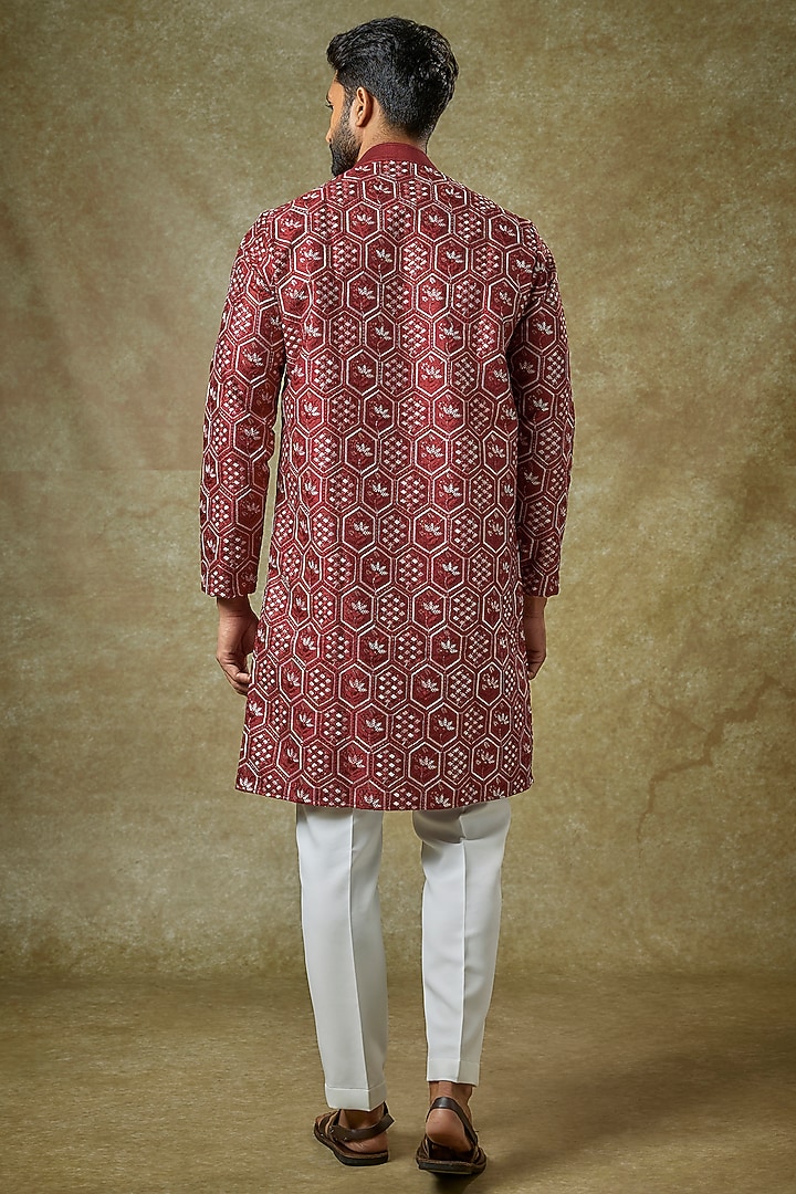 Red Malai Cotton Silk Thread Embroidered Kurta Set by Abees at Pernia's Pop Up Shop