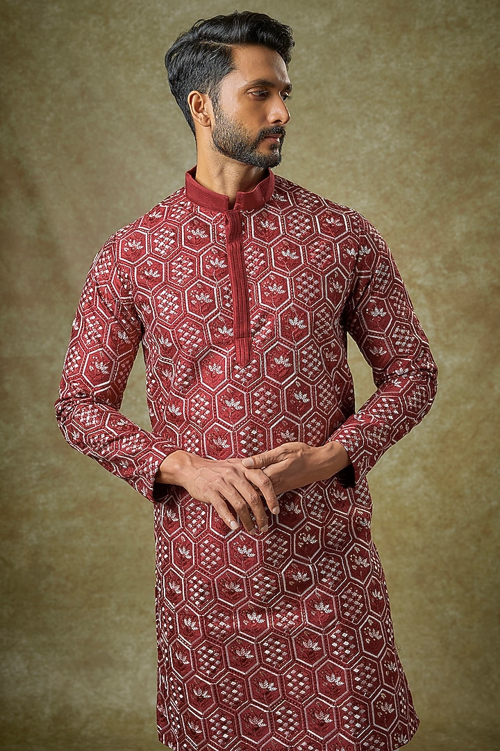Red Malai Cotton Silk Thread Embroidered Kurta Set by Abees at Pernia's Pop Up Shop