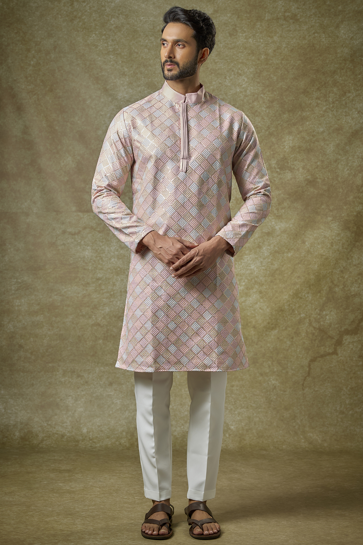 Light Pink Malai Cotton Silk Thread Embroidered Kurta Set by Abees