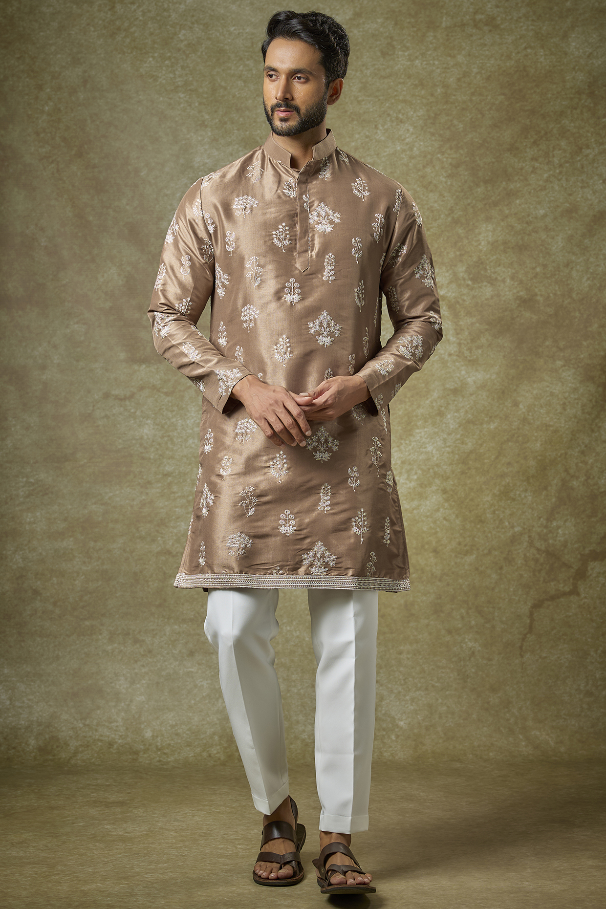 Brown Silk Zari Embroidered Kurta Set by Abees