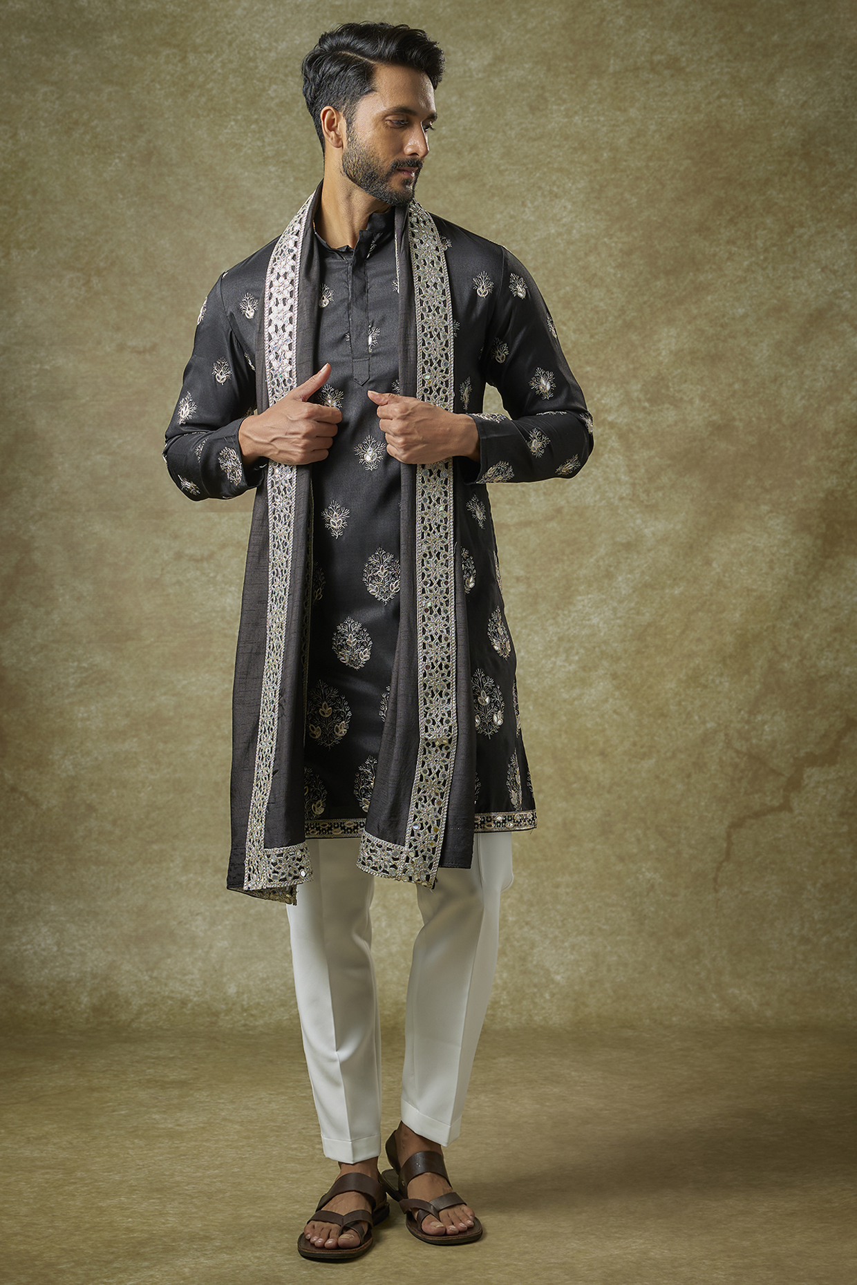 Black Silk Mirror Work Kurta Set by Abees