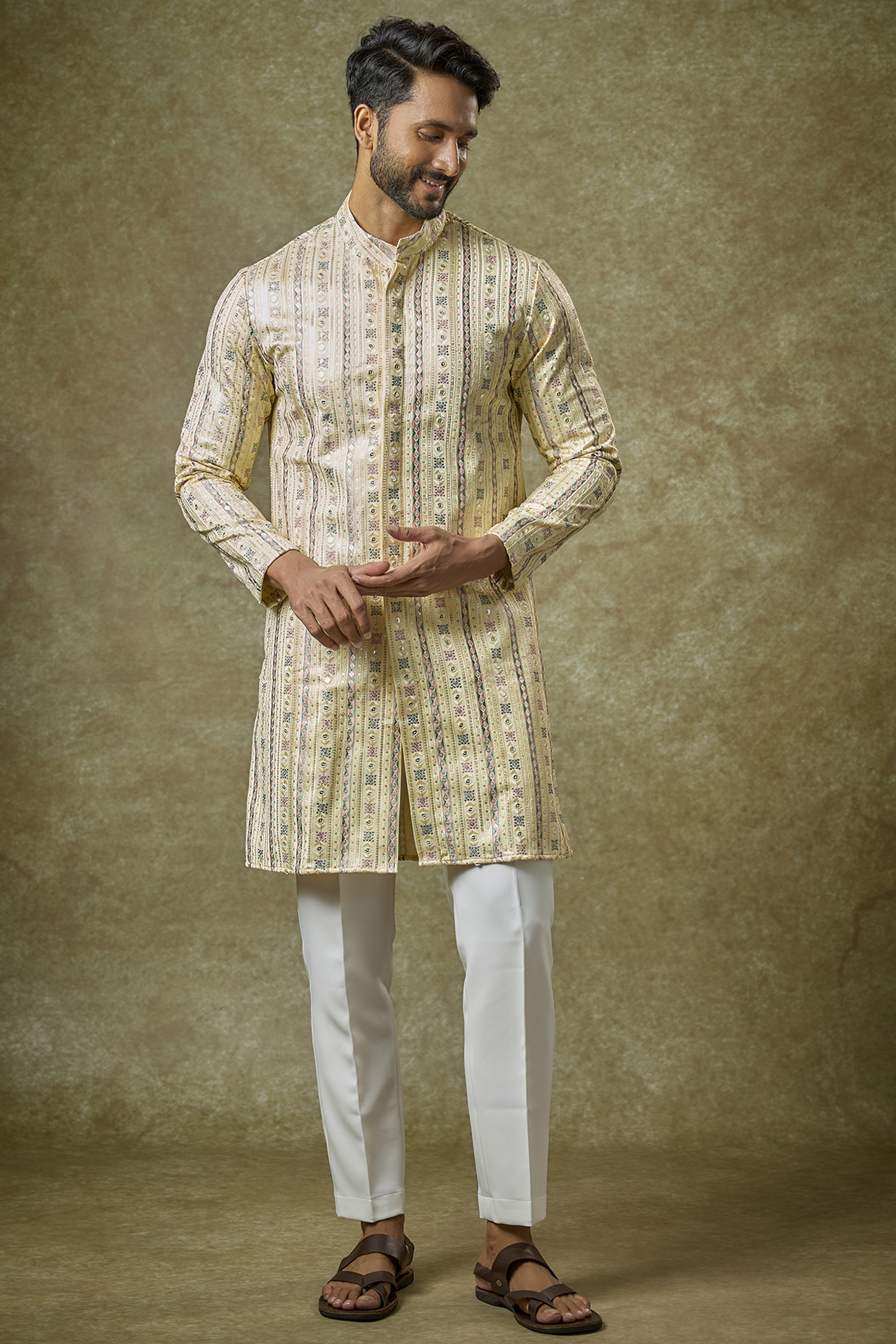 Yellow Malai Cotton Silk Mirror Embroidered Kurta Set by Abees