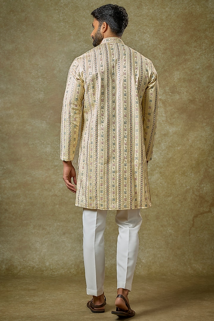 Yellow Malai Cotton Silk Mirror Embroidered Kurta Set by Abees at Pernia's Pop Up Shop