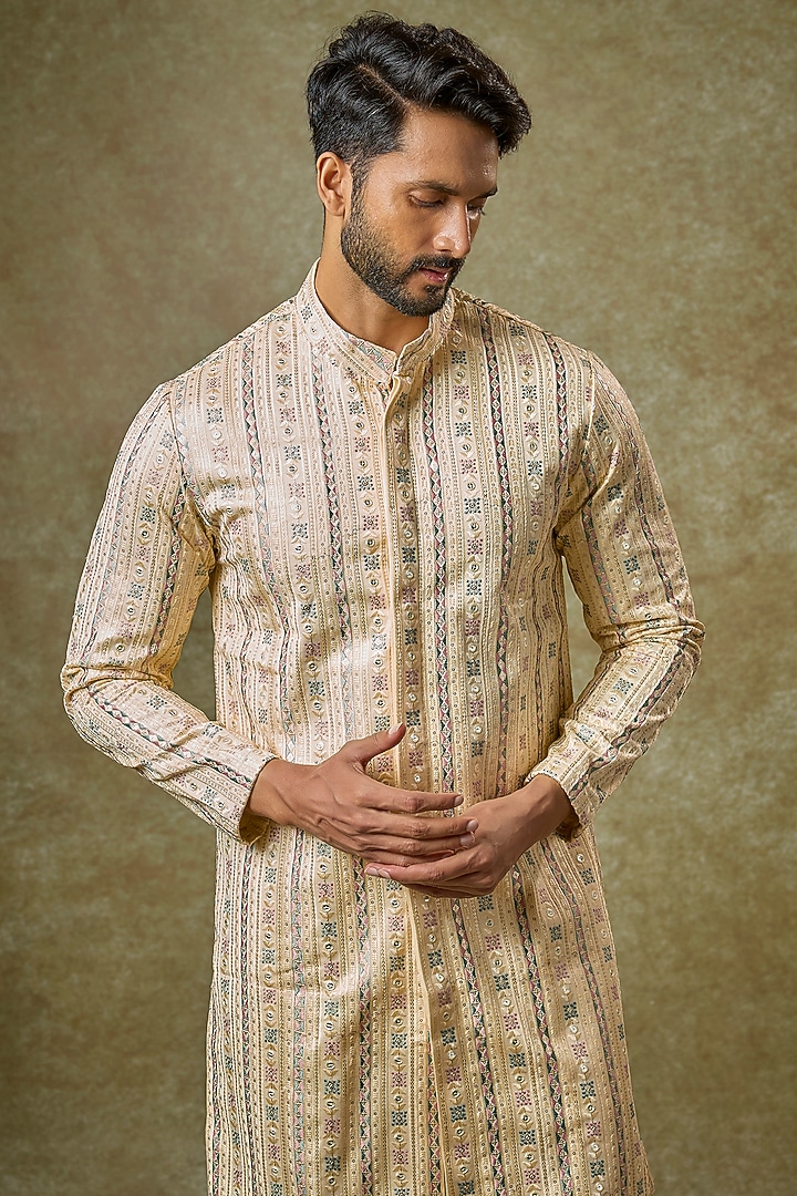 Yellow Malai Cotton Silk Mirror Embroidered Kurta Set by Abees at Pernia's Pop Up Shop