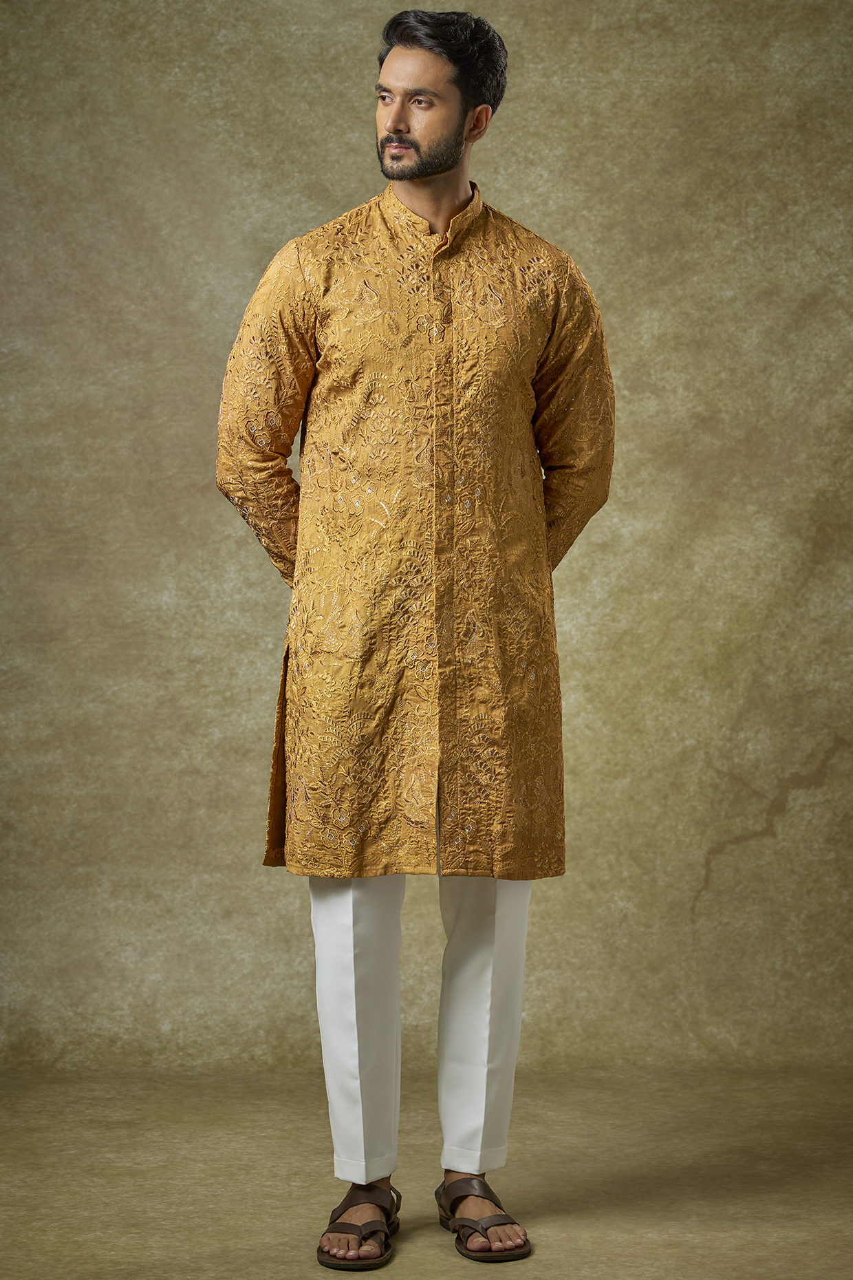 Dull Gold Silk Zari Embroidered Kurta Set by Abees