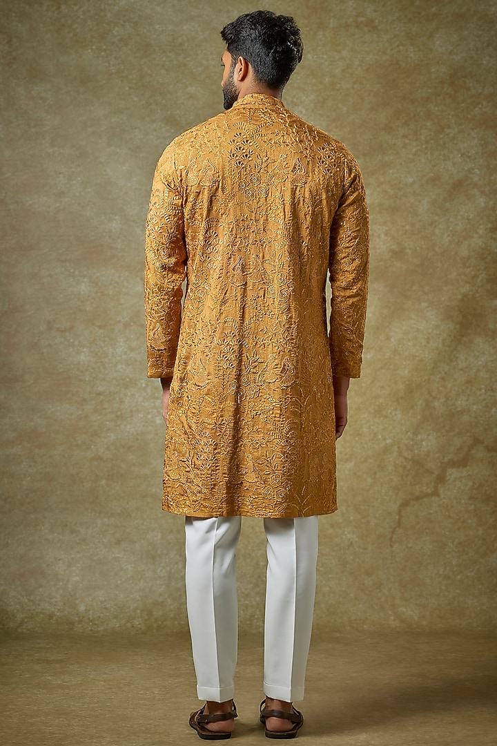 Dull Gold Silk Zari Embroidered Kurta Set by Abees at Pernia's Pop Up Shop