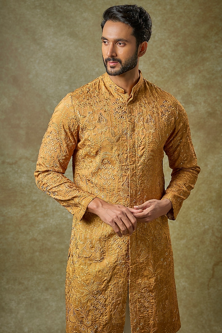 Dull Gold Silk Zari Embroidered Kurta Set by Abees at Pernia's Pop Up Shop