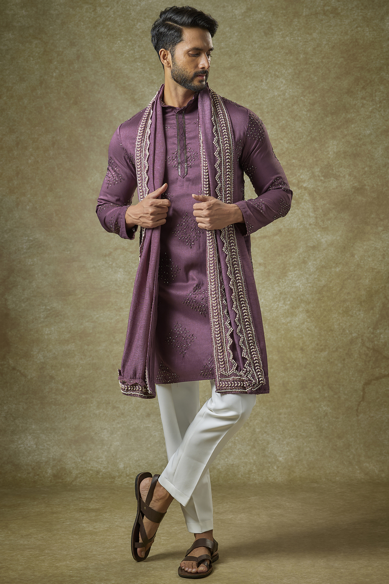 Purple Silk Cutdana Embroidered Kurta Set by Abees