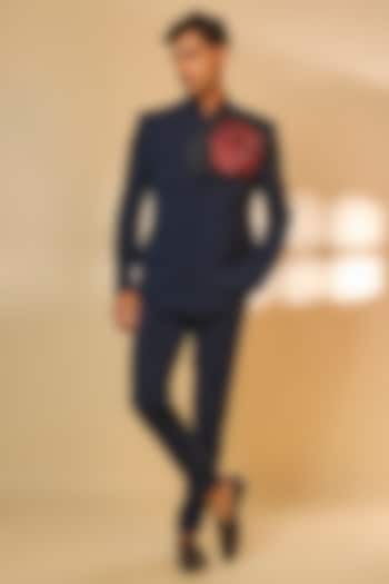 Dark Blue Japanese Rayon Cutdana Handwork Wedding Bandhgala Set by Abees at Pernia's Pop Up Shop