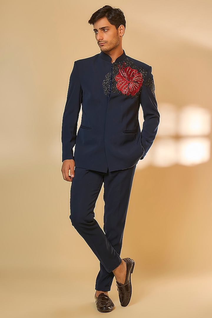 Dark Blue Japanese Rayon Cutdana Handwork Wedding Bandhgala Set by Abees at Pernia's Pop Up Shop