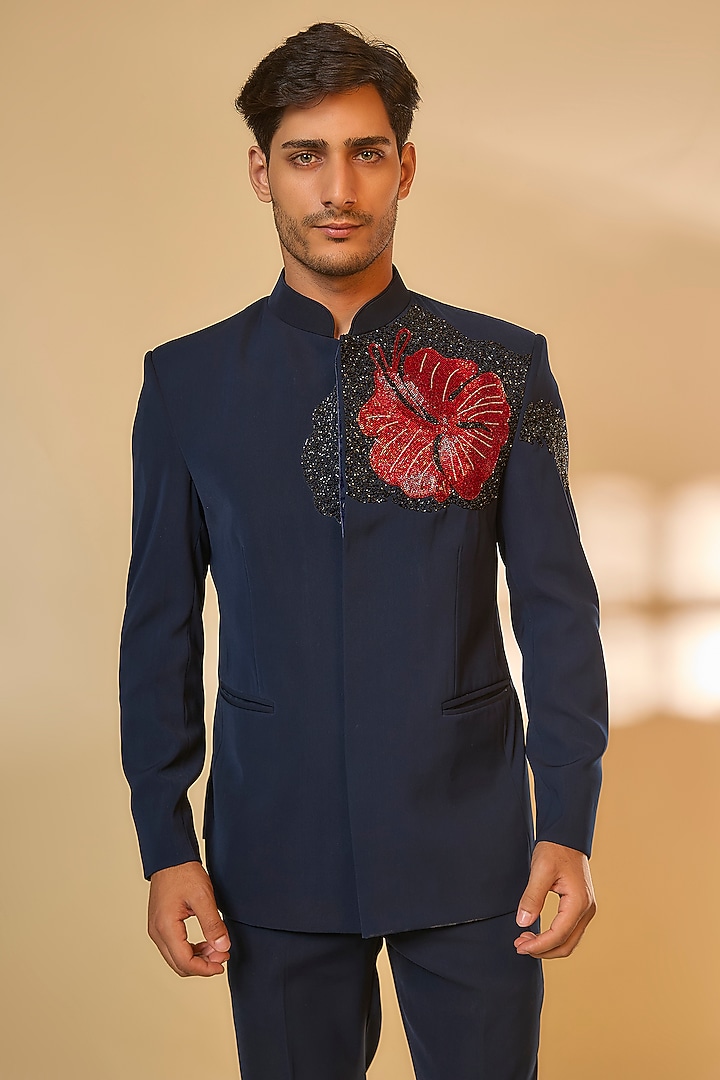 Dark Blue Japanese Rayon Cutdana Handwork Wedding Bandhgala Set by Abees at Pernia's Pop Up Shop