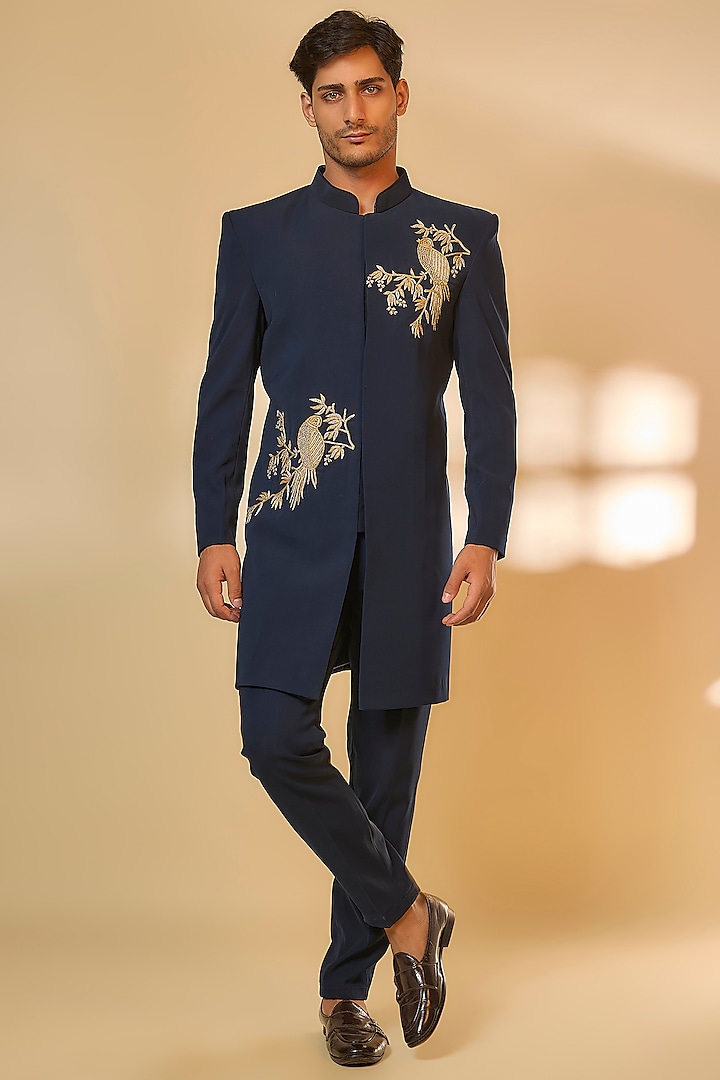 Blue Japanese Rayon Zari Handwork Sherwani Set by Abees