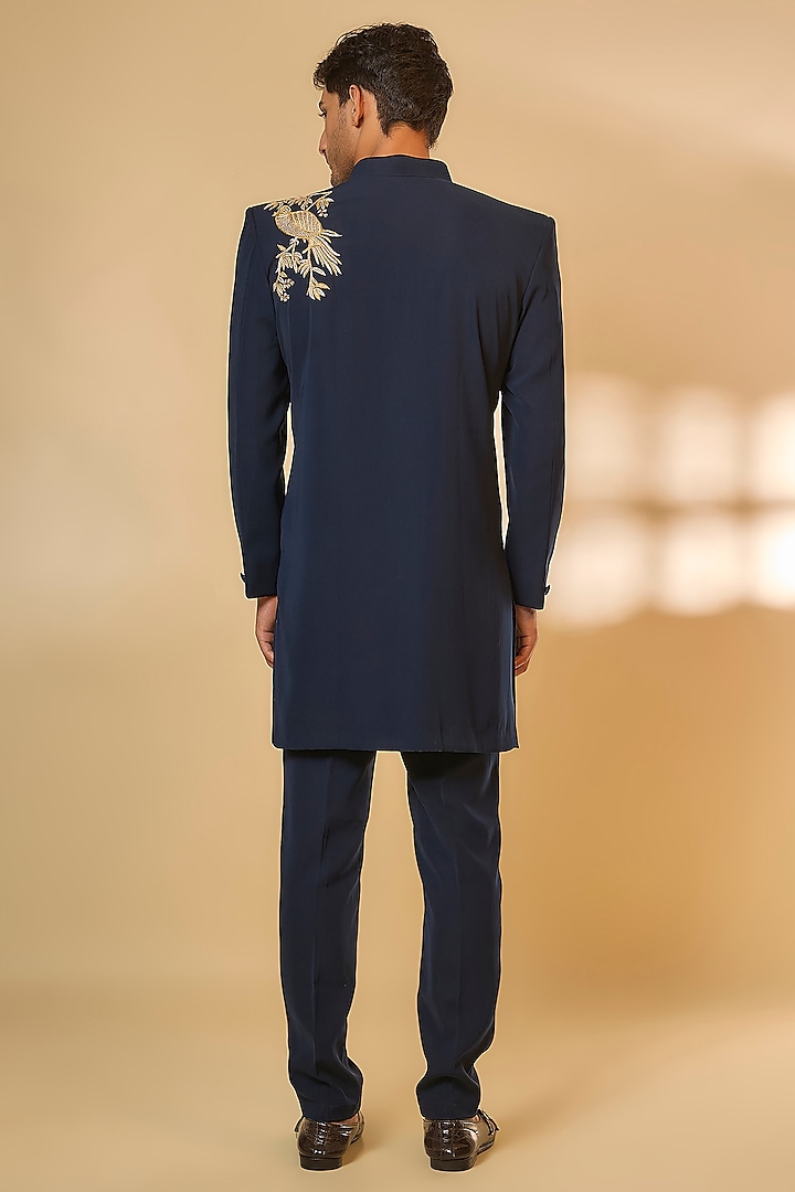 Blue Japanese Rayon Zari Handwork Wedding Sherwani Set by Abees at Pernia's Pop Up Shop