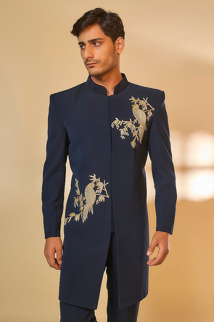 Blue Japanese Rayon Zari Handwork Wedding Sherwani Set by Abees at Pernia's Pop Up Shop