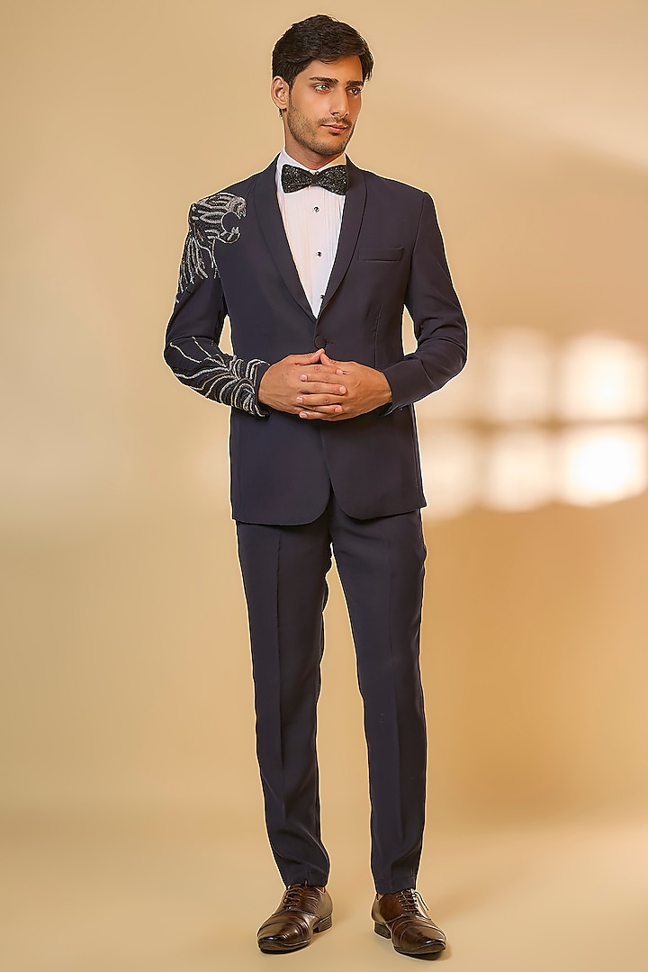Blue Japanese Rayon Cutdana Handwork Tuxedo Set by Abees at Pernia's Pop Up Shop