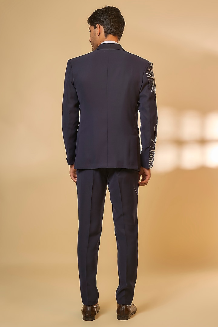 Blue Japanese Rayon Cutdana Handwork Tuxedo Set by Abees at Pernia's Pop Up Shop