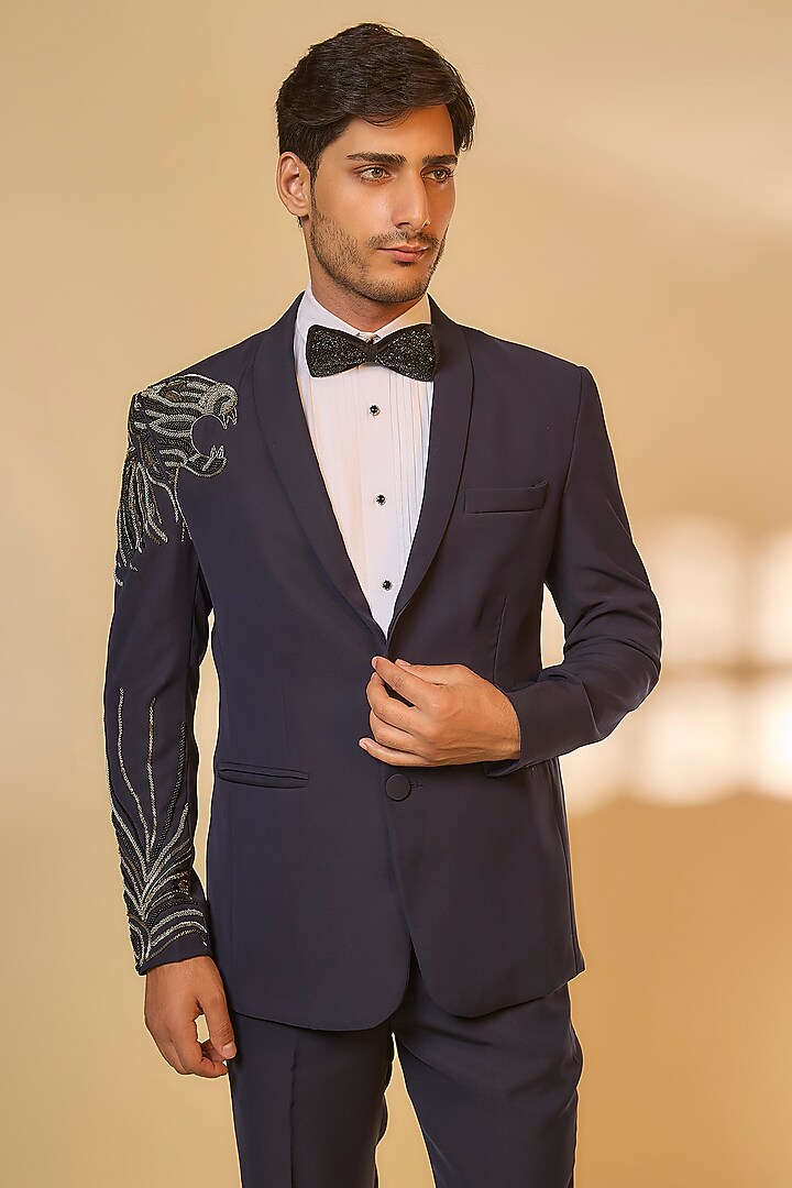 Blue Japanese Rayon Cutdana Handwork Tuxedo Set by Abees at Pernia's Pop Up Shop