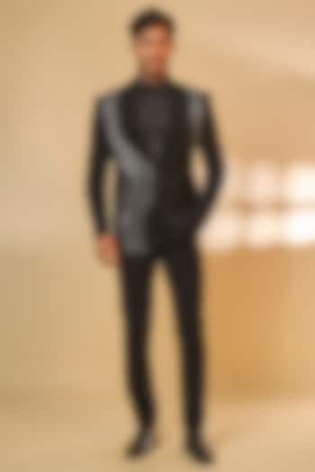 Black Japanese Rayon Cutdana Handwork Tuxedo Set by Abees at Pernia's Pop Up Shop