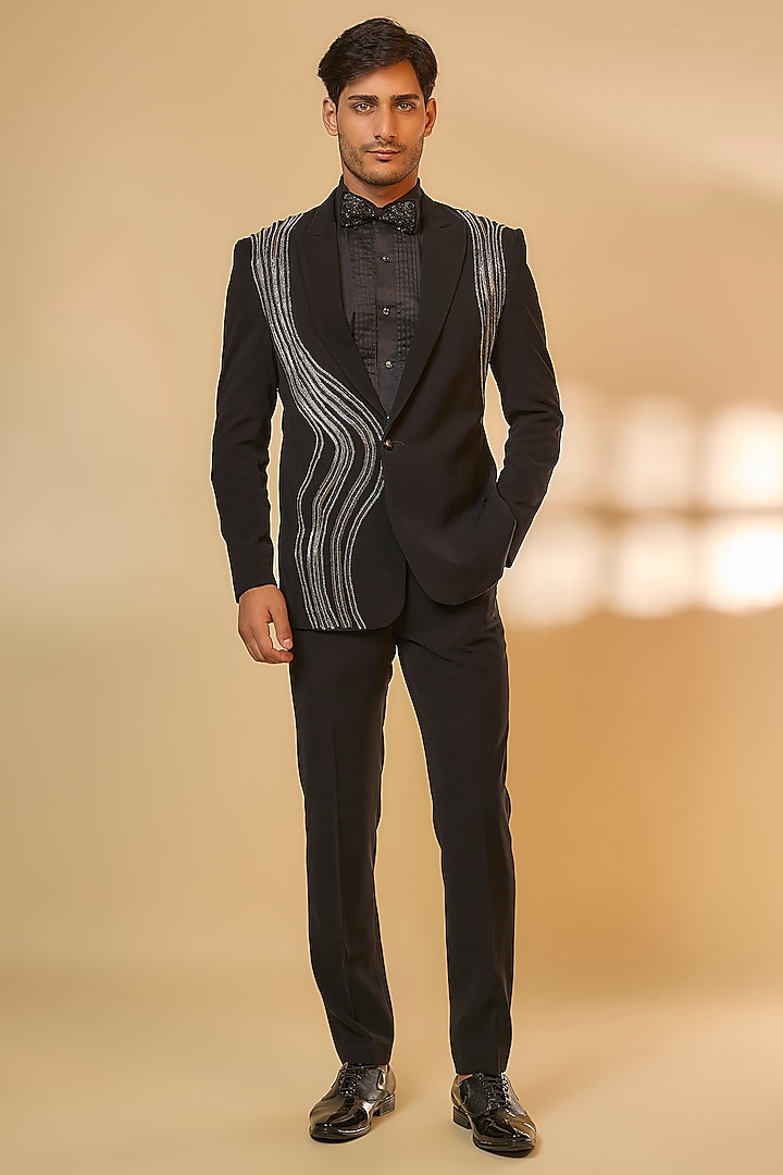 Black Japanese Rayon Cutdana Handwork Tuxedo Set by Abees at Pernia's Pop Up Shop