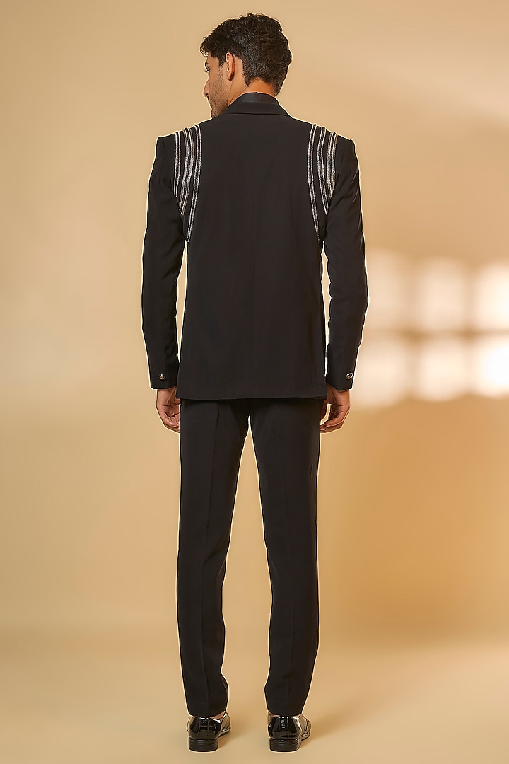 Black Japanese Rayon Cutdana Handwork Tuxedo Set by Abees at Pernia's Pop Up Shop
