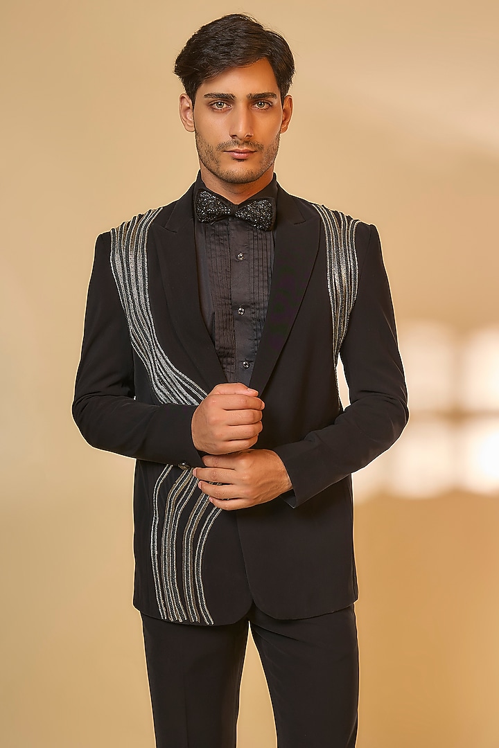 Black Japanese Rayon Cutdana Handwork Tuxedo Set by Abees at Pernia's Pop Up Shop